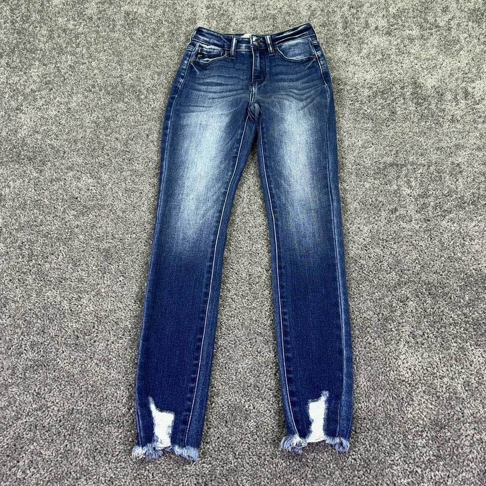 KanCan Jeans Womens 23 Blue Skinny Distressed Fringe Hem Denim Medium Wash